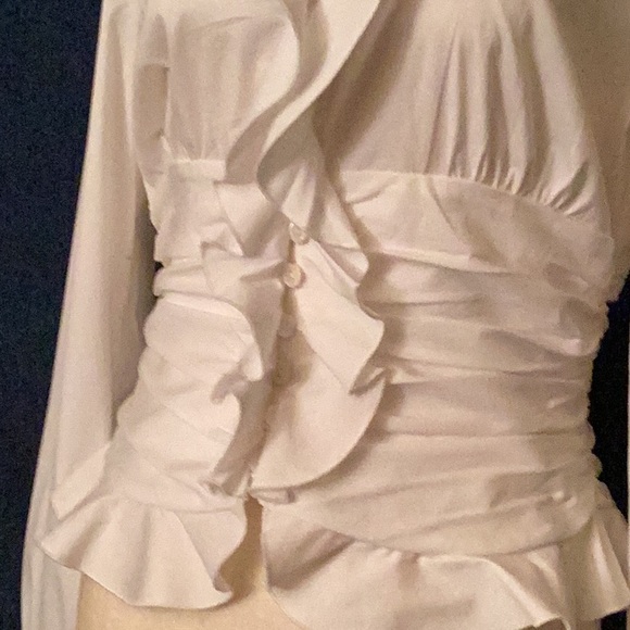 PER SE white, long sleeves, button down, gather pleated waist, elegant shirt # 6 - Picture 3 of 10